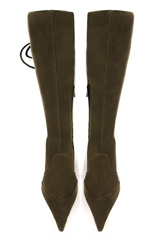 Khaki green women's knee-high boots, with laces at the back. Pointed toe. High block heels. Made to measure. Top view - Florence KOOIJMAN